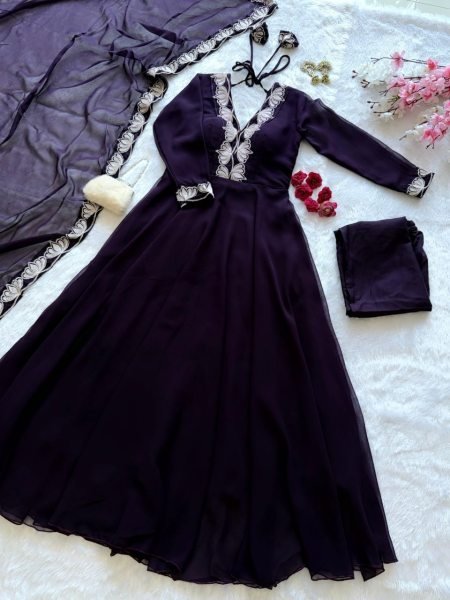 Royal Purple Artisanal Georgette Anarkali Suit with Heavy Embroidery Work at Manufacturer  Ready To Wear Collection
