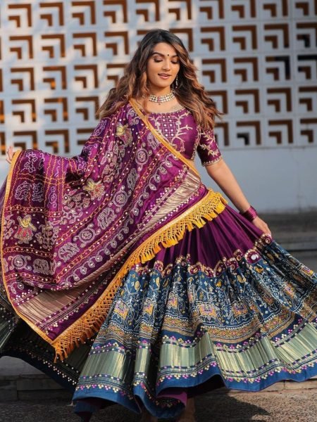 Royal Purple Butter Silk Lehenga with Digital Print and Mirror Work for Festive Wear  Lehenga