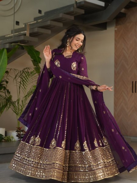 Royal Purple Charm Faux Georgette Anarkali Gown with Zari Mirror Work Perfect for Wedding Receptions  Kurtis