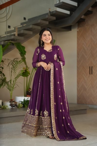 Royal Purple Charm Faux Georgette Anarkali Gown with Zari Mirror Work Perfect for Wedding Receptions  Anarkali Kurtis 