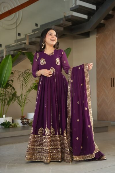 Royal Purple Charm Faux Georgette Anarkali Gown with Zari Mirror Work Perfect for Wedding Receptions  Anarkali Kurtis 