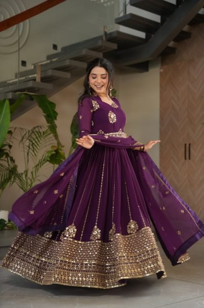 Royal Purple Charm Faux Georgette Anarkali Gown with Zari Mirror Work Perfect for Wedding Receptions  Anarkali Kurtis 