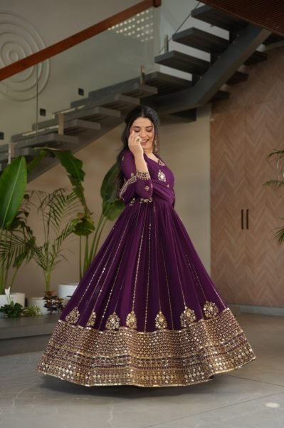 Royal Purple Charm Faux Georgette Anarkali Gown with Zari Mirror Work Perfect for Wedding Receptions  Anarkali Kurtis 
