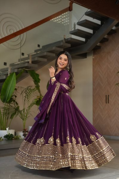 Royal Purple Charm Faux Georgette Anarkali Gown with Zari Mirror Work Perfect for Wedding Receptions  Anarkali Kurtis 