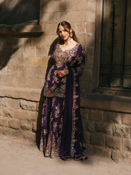 Royal Purple Chinon Kurti Palazzo Dupatta Set with Zari   Sequin Work for Festival Ready To Wear Suit