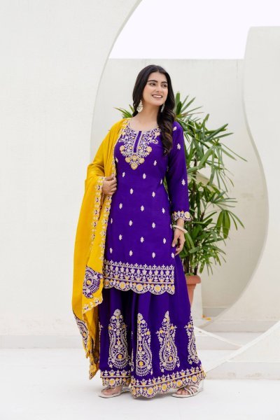 Royal Purple Chinon Palazzo Suit with Sequins Work and Dupatta Ready to Wear  Ready To Wear Collection