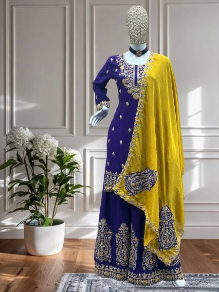 Royal Purple Chinon Palazzo Suit with Sequins Work and Dupatta Ready to Wear  Ready To Wear Collection