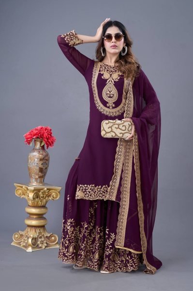 Royal Purple Color Designer Palazzo Suit with Blooming Faux Georgette Fabric, Heavy Embroidery and Sequin Work With Stylish Embellished Dupatta Ready To Wear Collection
