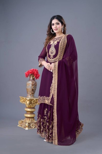 Royal Purple Color Designer Palazzo Suit with Blooming Faux Georgette Fabric, Heavy Embroidery and Sequin Work With Stylish Embellished Dupatta Ready To Wear Collection