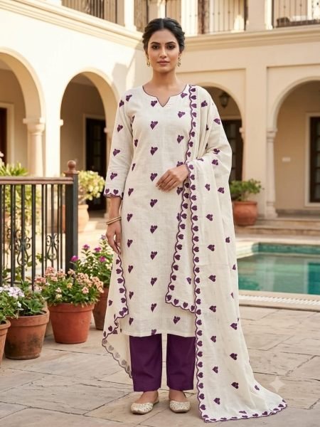 Royal Purple Cora Cambric Cotton Top with South Cotton Bottom and Designer Dupatta Dress Material 
