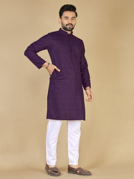 Royal Purple Cotton Kurta with Self Embroidery Festive Wear for Resellers  Kurta Pajama Wholesale