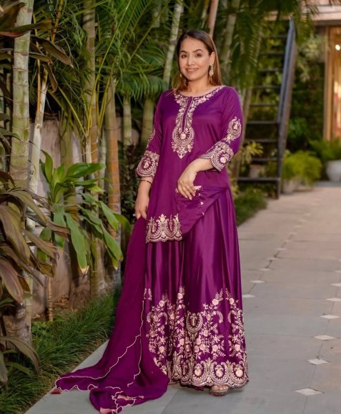 Royal Purple Crepe Silk Sharara with Heavy Embroidery & Dupatta Party Ready Look Ready To Wear Collection
