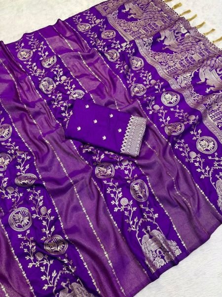 Royal Purple Designer Cotton Silk Saree with Peacock and Floral Zari Border For Festival 