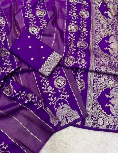 Royal Purple Designer Cotton Silk Saree with Peacock and Floral Zari Border For Festival Printed Cotton Sarees Wholesale