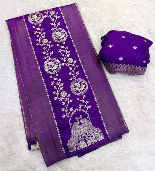 Royal Purple Designer Cotton Silk Saree with Peacock and Floral Zari Border For Festival Printed Cotton Sarees Wholesale