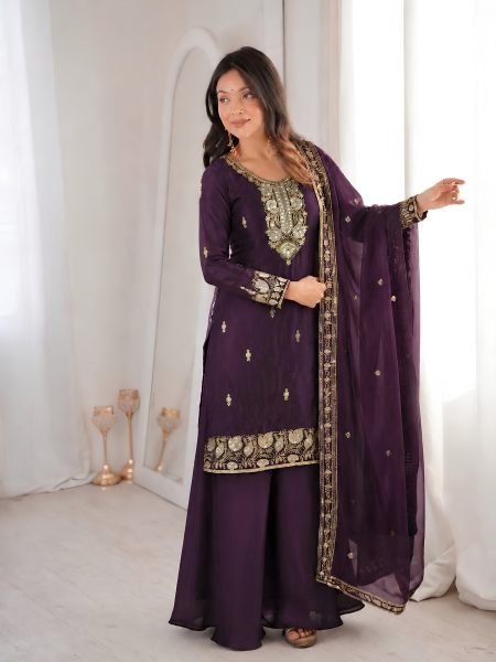 Royal Purple Designer Fandy Silk Embroidered Top with Palazzo and Dupatta Ready To Wear Suit