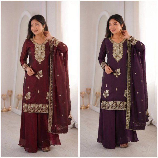 Royal Purple Designer Fandy Silk Embroidered Top with Palazzo and Dupatta Ready To Wear Collection