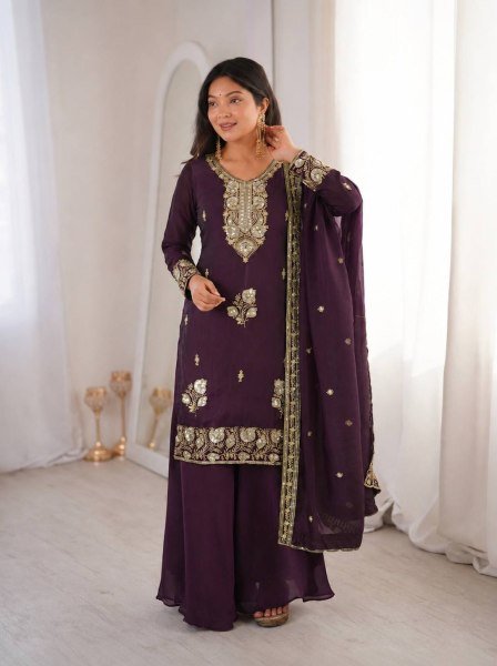 Royal Purple Designer Fandy Silk Embroidered Top with Palazzo and Dupatta Ready To Wear Collection
