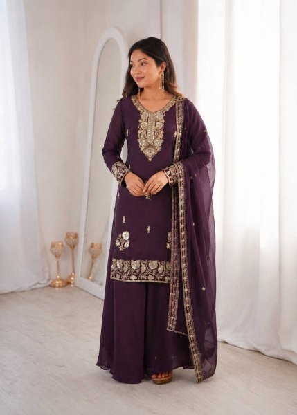 Royal Purple Designer Fandy Silk Embroidered Top with Palazzo and Dupatta Ready To Wear Collection