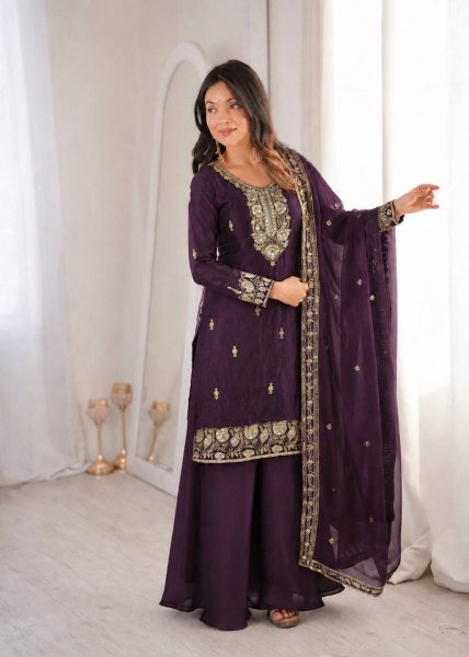 Royal Purple Designer Fandy Silk Embroidered Top with Palazzo and Dupatta Ready To Wear Collection