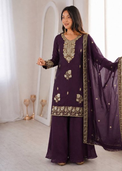 Royal Purple Designer Fandy Silk Embroidered Top with Palazzo and Dupatta Ready To Wear Collection