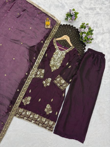 Royal Purple Designer Fandy Silk Embroidered Top with Palazzo and Dupatta Ready To Wear Collection