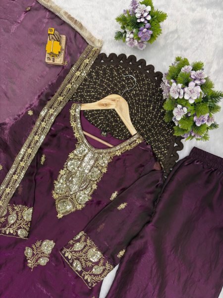 Royal Purple Designer Fandy Silk Embroidered Top with Palazzo and Dupatta Ready To Wear Collection