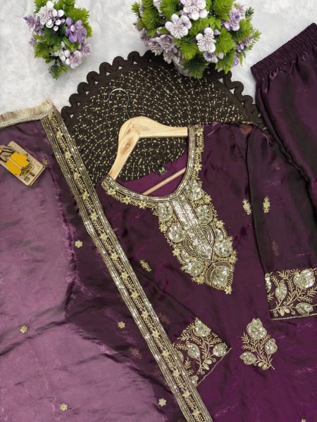 Royal Purple Designer Fandy Silk Embroidered Top with Palazzo and Dupatta Ready To Wear Collection