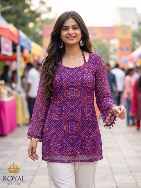 Royal Purple Designer Georgette Short Kurti with Halter Neck and Bell Sleeves 