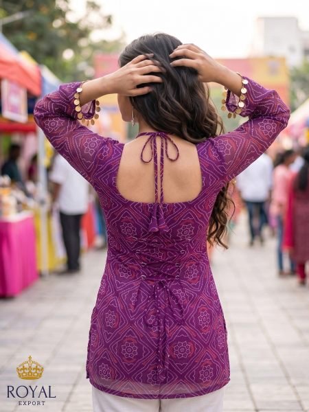 Royal Purple Designer Georgette Short Kurti with Halter Neck and Bell Sleeves Tunics kurti