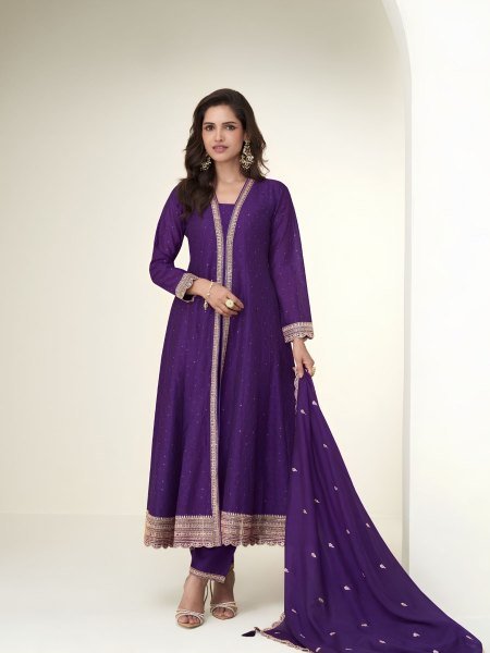 Royal Purple Designer Premium Silk Suit Set with Front and Back Embroidery at Wholesale 