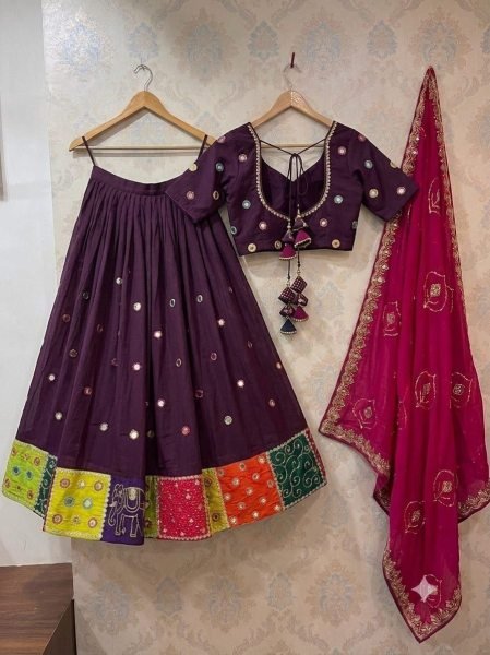 Royal Purple Designer Roman Silk Embroidered Lehenga Choli with Mirror Work Dupatta Navratri Lehnega Choli