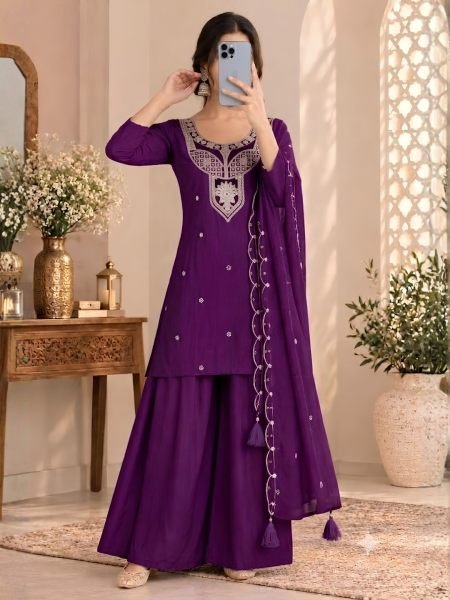 Royal Purple  Embroidered Roman Silk Kurti with Matching Palazzo for Festival 