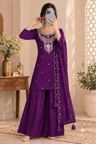 Royal Purple  Embroidered Roman Silk Kurti with Matching Palazzo for Festival Embroidery Kurtis 