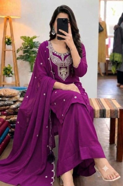 Royal Purple  Embroidered Roman Silk Kurti with Matching Palazzo for Festival Embroidery Kurtis 