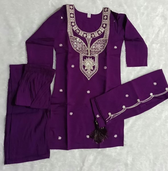 Royal Purple  Embroidered Roman Silk Kurti with Matching Palazzo for Festival Embroidery Kurtis 