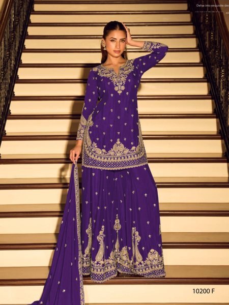 Royal Purple Embroidered Sharara Set Featuring Gold Threadwork On Silk Fabric 