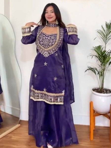 Royal Purple Fendy Silk Embellished Sharara Set with Lace Border Mirror Work Ready To Wear Collection