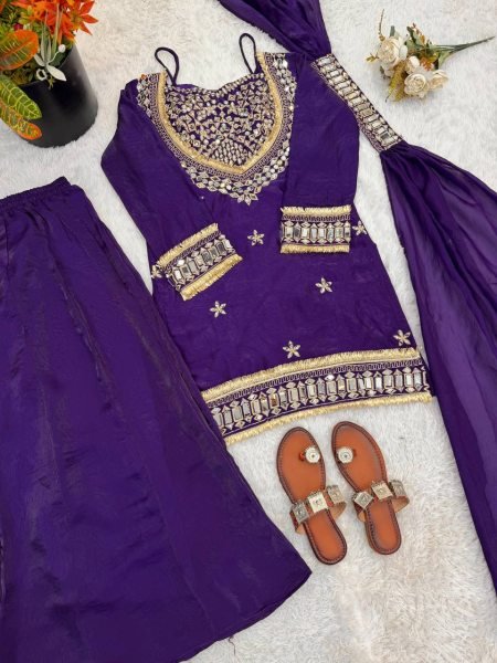 Royal Purple Fendy Silk Embellished Sharara Set with Lace Border Mirror Work Ready To Wear Collection