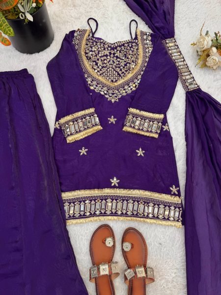 Royal Purple Fendy Silk Embellished Sharara Set with Lace Border Mirror Work Ready To Wear Collection