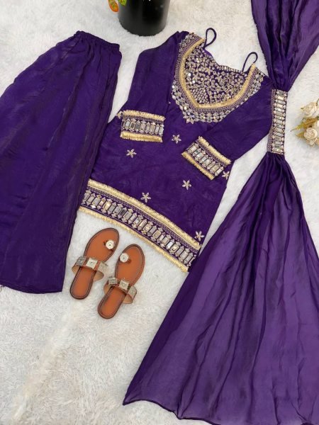 Royal Purple Fendy Silk Embellished Sharara Set with Lace Border Mirror Work Ready To Wear Collection