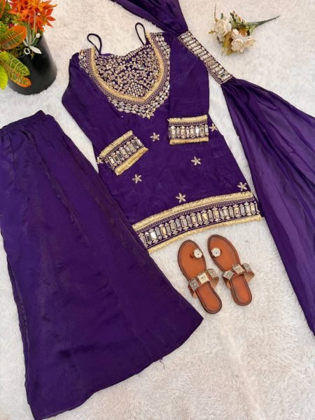 Royal Purple Fendy Silk Embellished Sharara Set with Lace Border Mirror Work Ready To Wear Collection