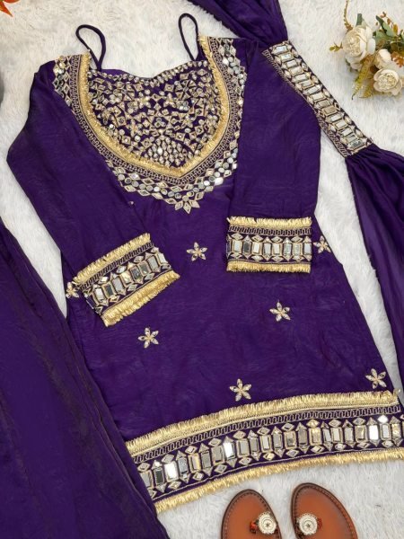 Royal Purple Fendy Silk Embellished Sharara Set with Lace Border Mirror Work Ready To Wear Collection