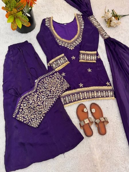 Royal Purple Fendy Silk Embellished Sharara Set with Lace Border Mirror Work Ready To Wear Collection