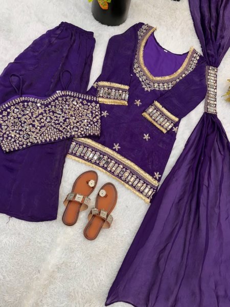 Royal Purple Fendy Silk Embellished Sharara Set with Lace Border Mirror Work Ready To Wear Collection