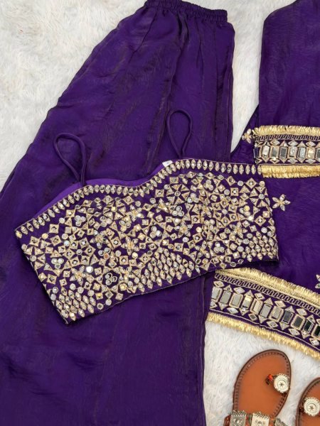 Royal Purple Fendy Silk Embellished Sharara Set with Lace Border Mirror Work Ready To Wear Collection