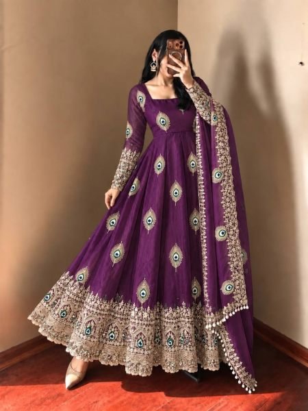 Royal Purple Fendy Silk Gown with Heavy Micro Cotton Inner at Manufacturer  