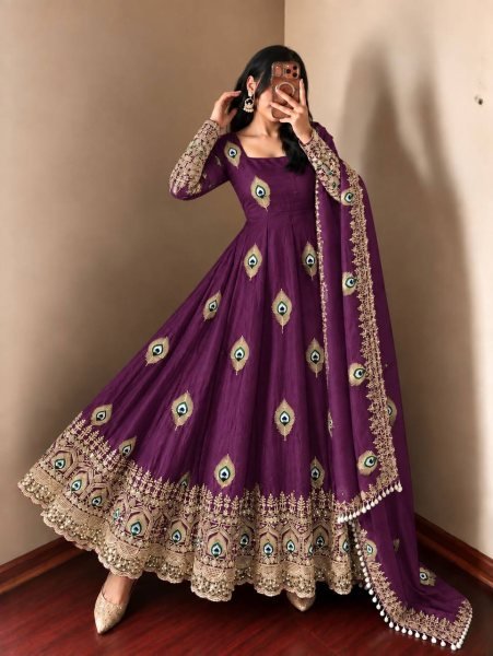 Royal Purple Fendy Silk Gown with Heavy Micro Cotton Inner at Manufacturer  Ready To Wear Collection