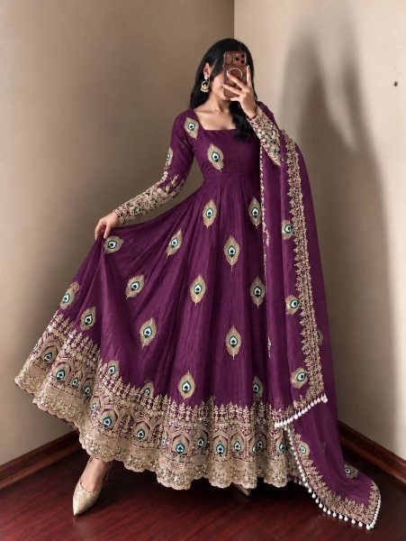 Royal Purple Fendy Silk Gown with Heavy Micro Cotton Inner at Manufacturer  Ready To Wear Collection