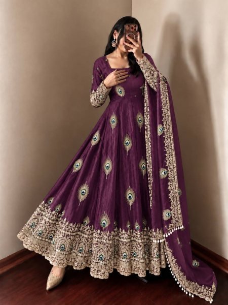 Royal Purple Fendy Silk Gown with Heavy Micro Cotton Inner at Manufacturer  Ready To Wear Collection
